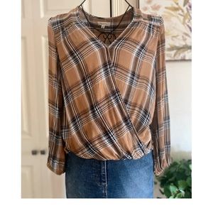 Max Studio Womens Plaid Draped Wrap Blouse Khaki/Black Size M